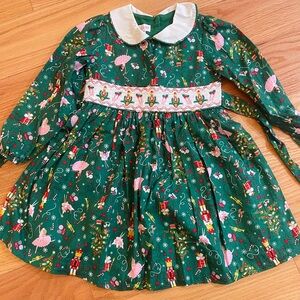 Children's Green Nutcracker Print Holiday Dress with White Collar